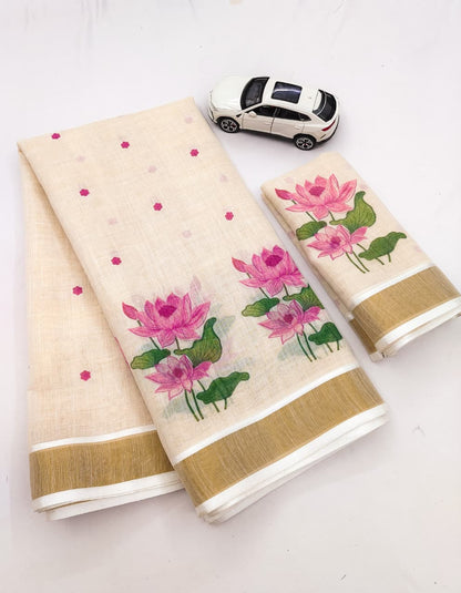 Linen Slub Cotton Floral Saree – 59 AED