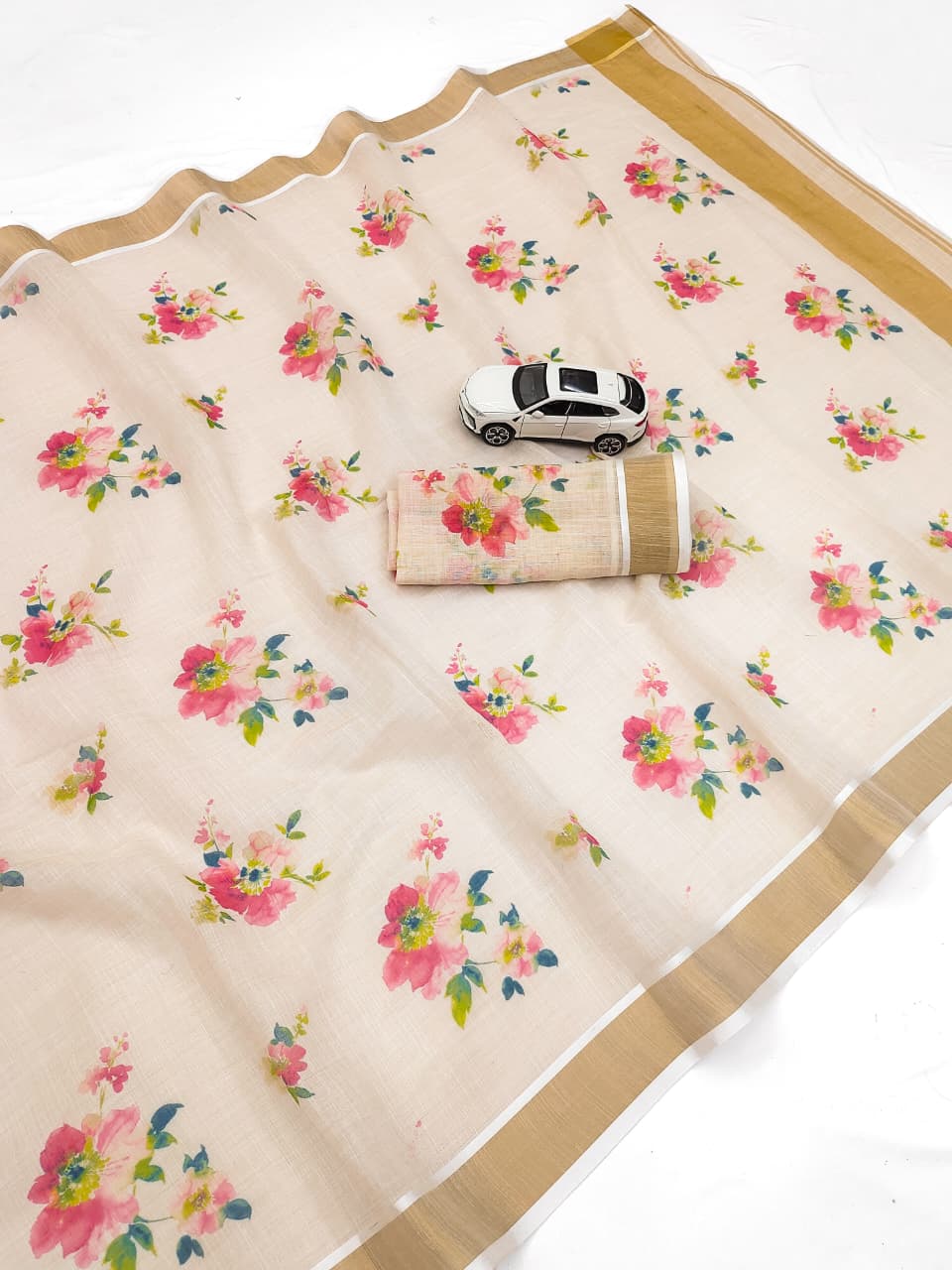 Linen Slub Cotton Floral Saree – 59 AED