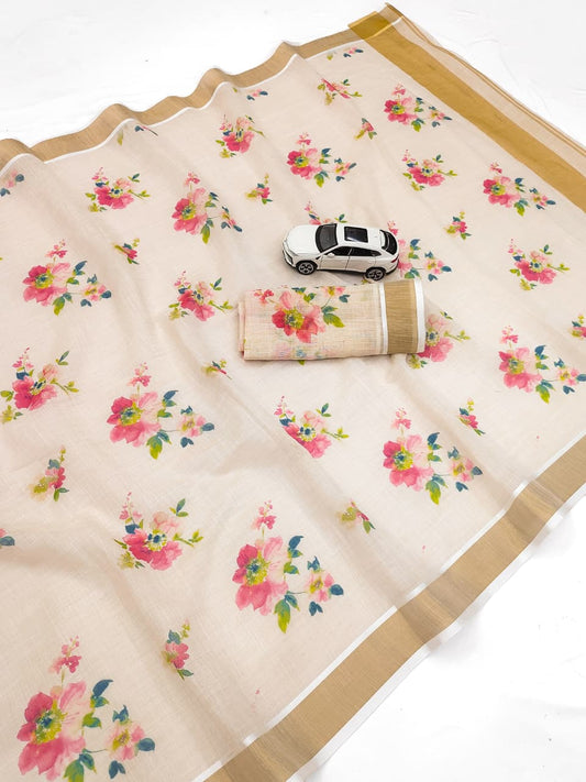 Linen Slub Cotton Floral Saree – 59 AED