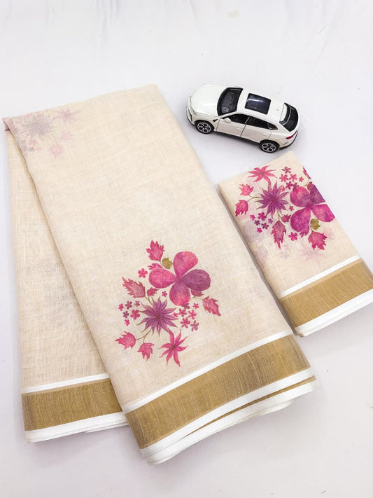 Linen Slub Cotton Floral Saree – 59 AED