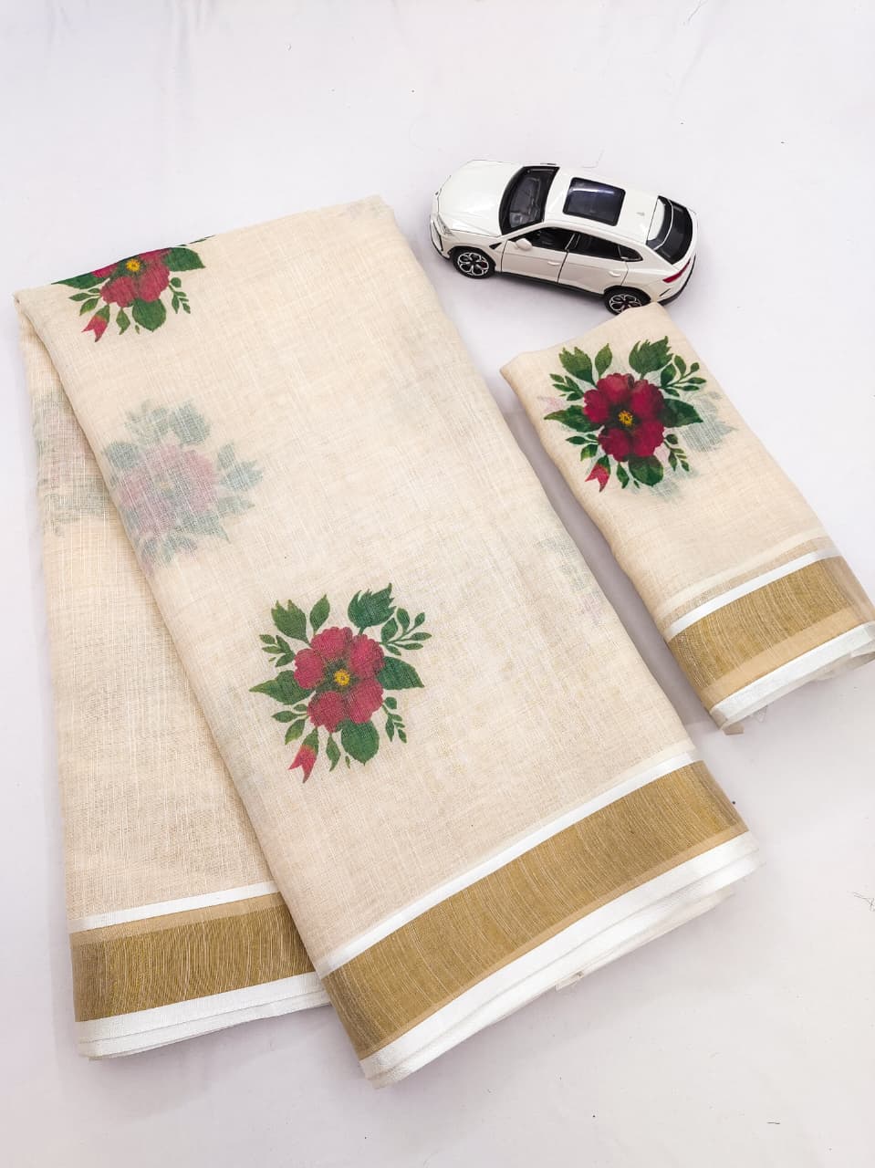 Linen Slub Cotton Floral Saree – 59 AED