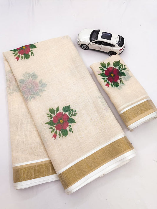 Linen Slub Cotton Floral Saree – 59 AED