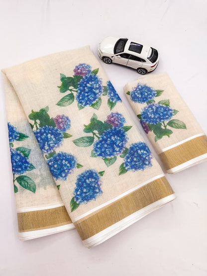 Linen Slub Cotton Floral Saree – 59 AED