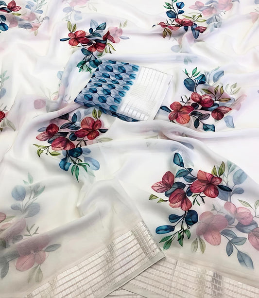 Soft Georgette Chiffon Floral Saree with Weaving Borders – 69 AED