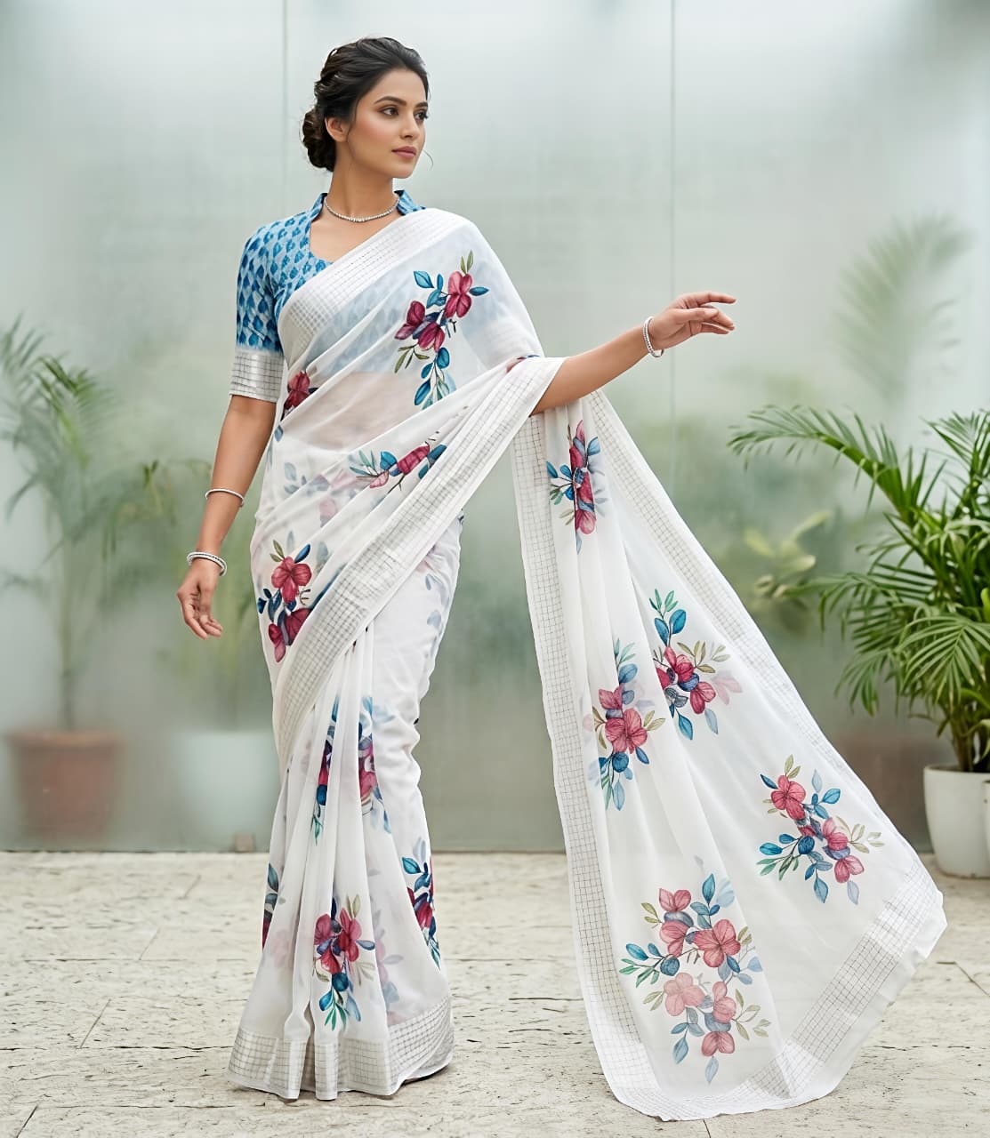 Soft Georgette Chiffon Floral Saree with Weaving Borders – 69 AED