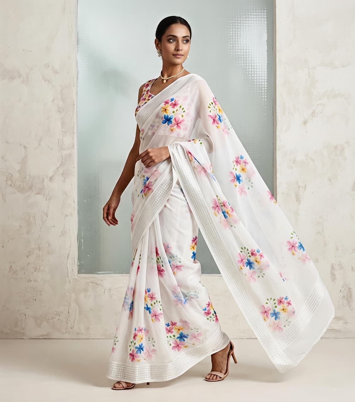 Soft Georgette Chiffon Floral Saree with Weaving Borders – 69 AED