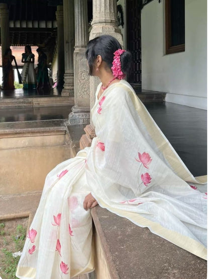 Linen Slub Cotton Floral Saree – 59 AED