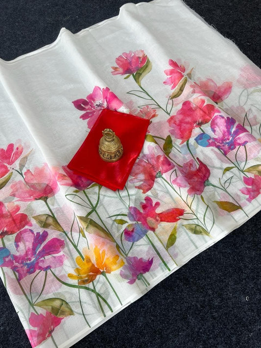 Linen Slub Cotton Floral Saree – 59 AED