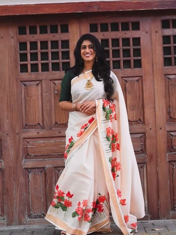 Linen Slub Cotton Floral Saree – 65 AED