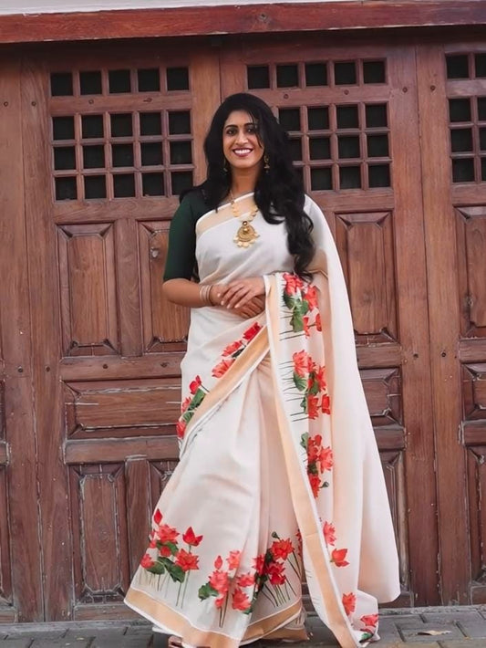 Linen Slub Cotton Floral Saree – 65 AED