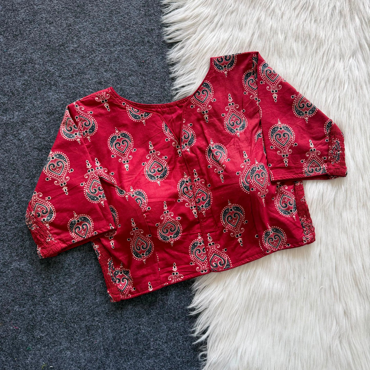 Side Elastic Stretchable Ajrakh Cotton Blouse – 50 AED