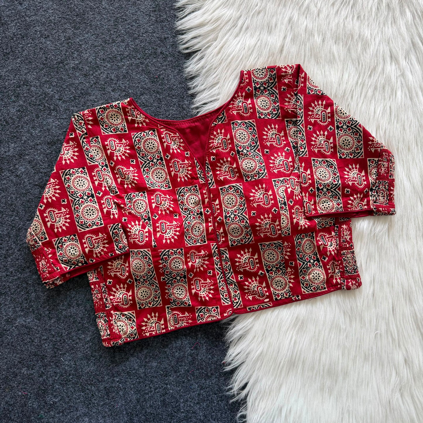 Side Elastic Stretchable Ajrakh Cotton Blouse – 50 AED