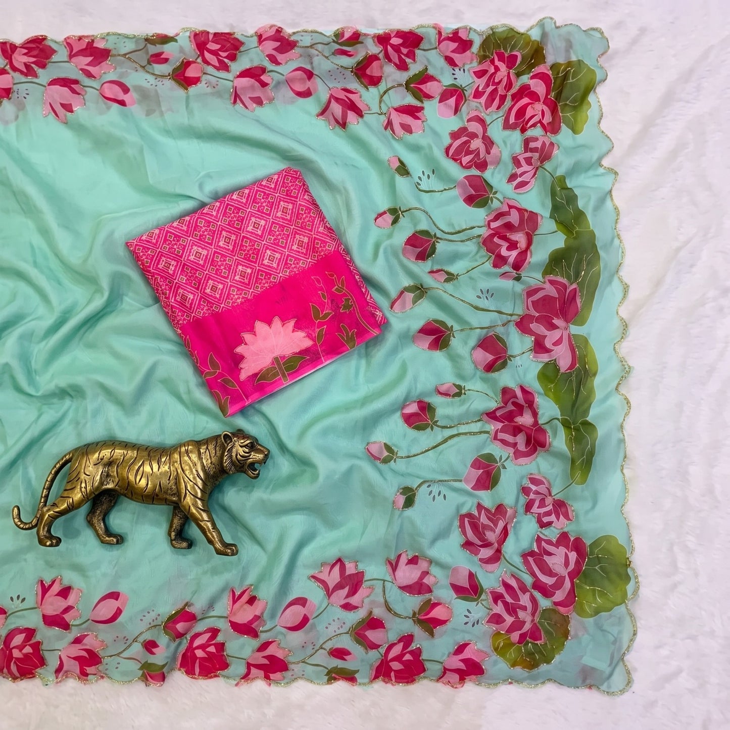 Soft Tabby Organza Silk Saree with Cut Bead Work & Scalloped Borders – 119 AED