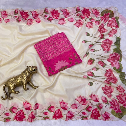 Soft Tabby Organza Silk Saree with Cut Bead Work & Scalloped Borders – 119 AED