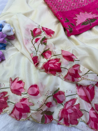 Soft Tabby Organza Silk Saree with Cut Bead Work & Scalloped Borders – 119 AED
