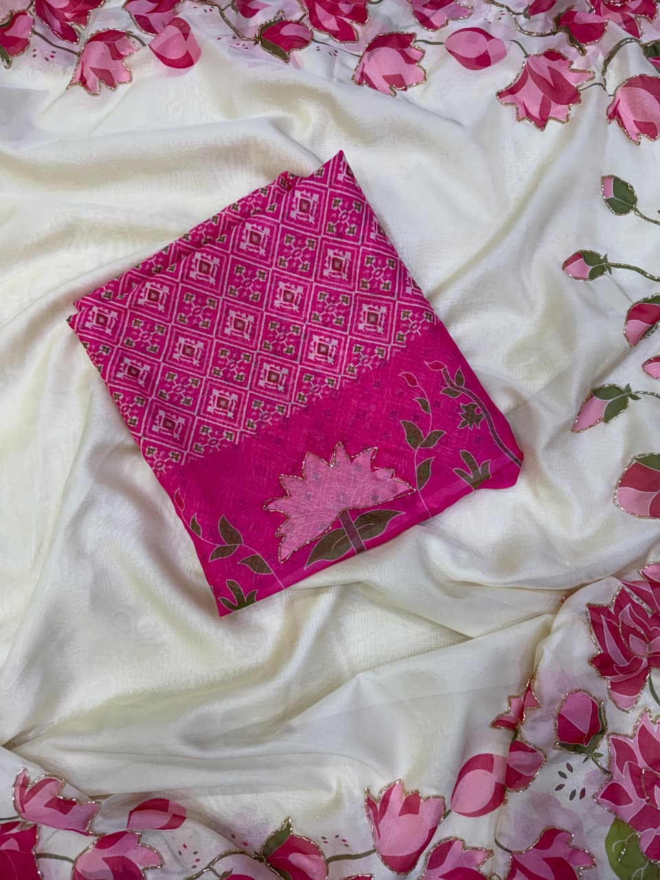 Soft Tabby Organza Silk Saree with Cut Bead Work & Scalloped Borders – 119 AED