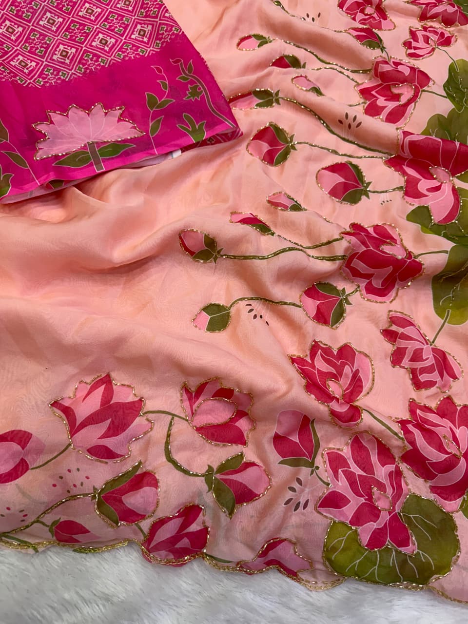 Soft Tabby Organza Silk Saree with Cut Bead Work & Scalloped Borders – 119 AED