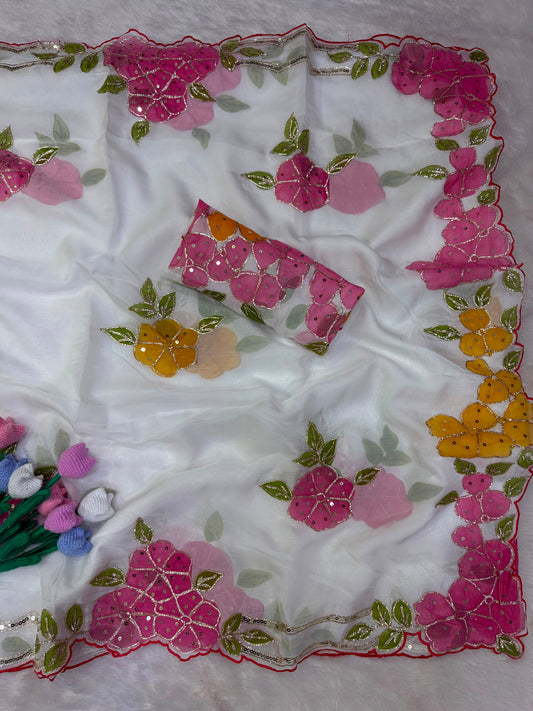 Soft Tabby Organza Silk Saree with Cut Bead Work & Scalloped Borders – 129 AED