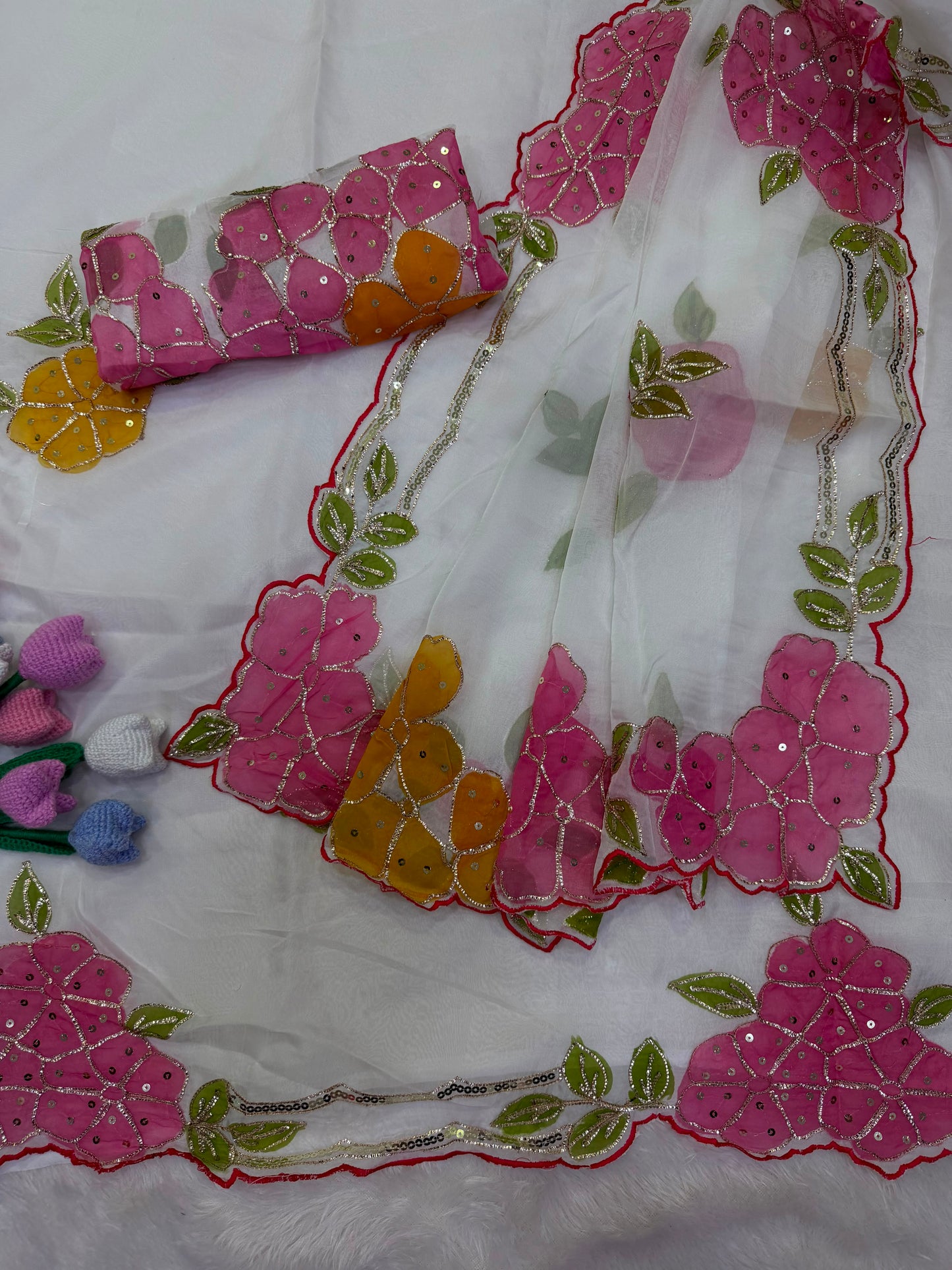 Soft Tabby Organza Silk Saree with Cut Bead Work & Scalloped Borders – 129 AED