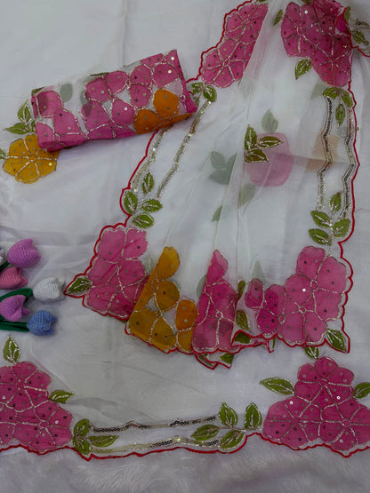 Soft Tabby Organza Silk Saree with Cut Bead Work & Scalloped Borders – 129 AED