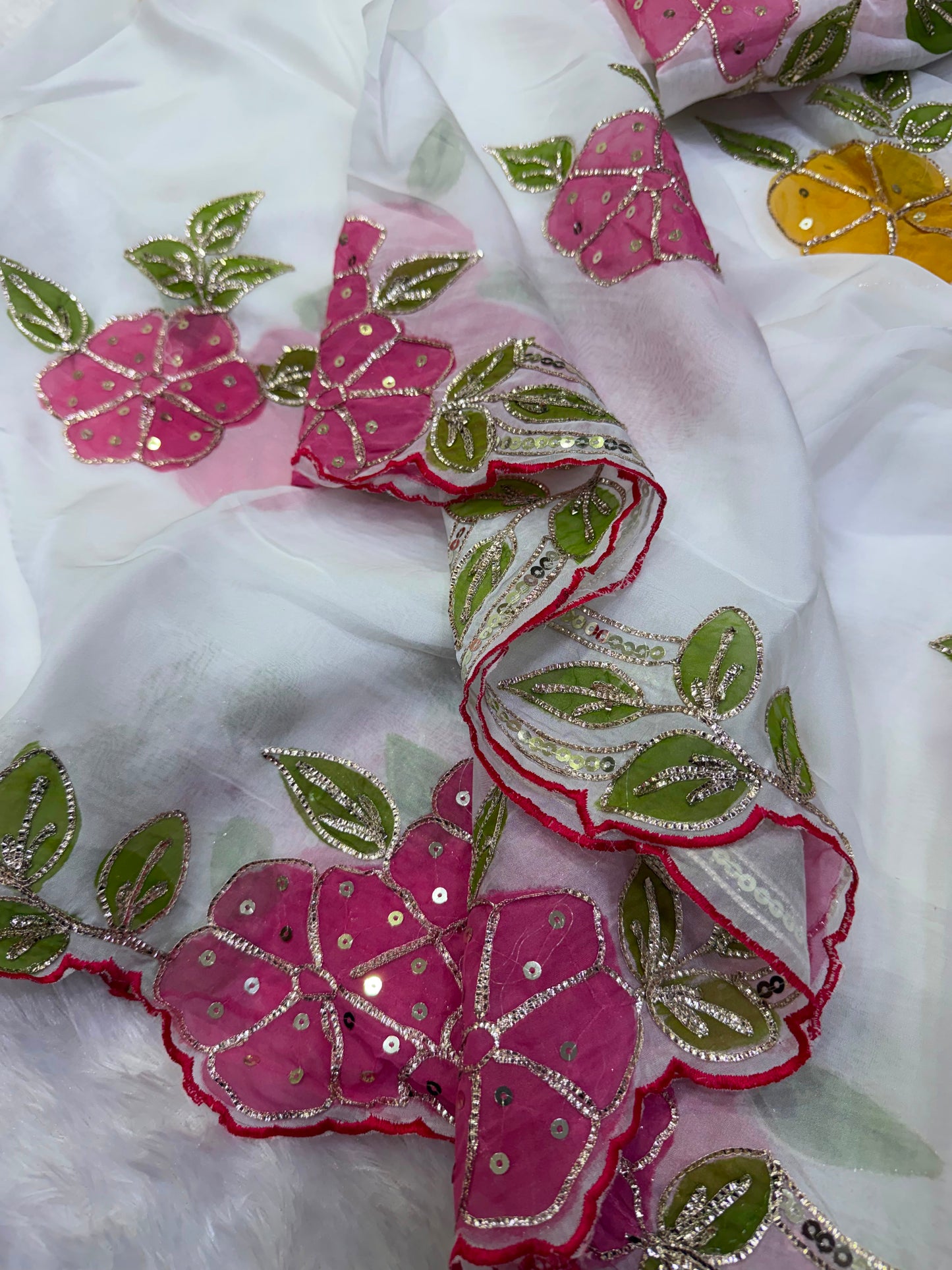 Soft Tabby Organza Silk Saree with Cut Bead Work & Scalloped Borders – 129 AED
