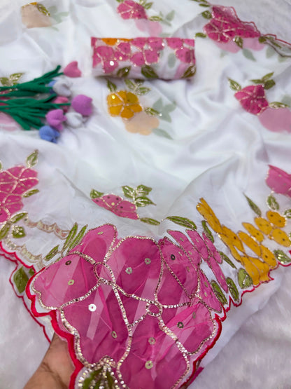 Soft Tabby Organza Silk Saree with Cut Bead Work & Scalloped Borders – 129 AED