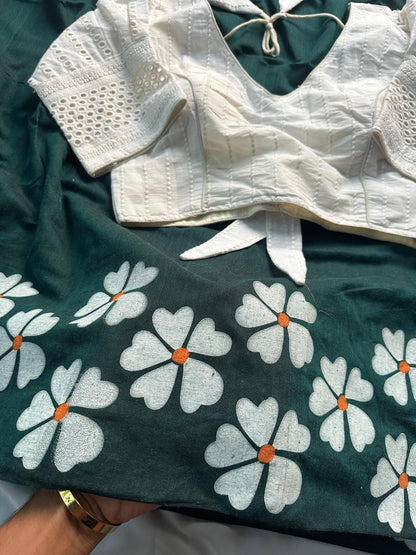Khadi Mul Cotton Saree with Floral Print & Hakoba Readymade Blouse – 99 AED