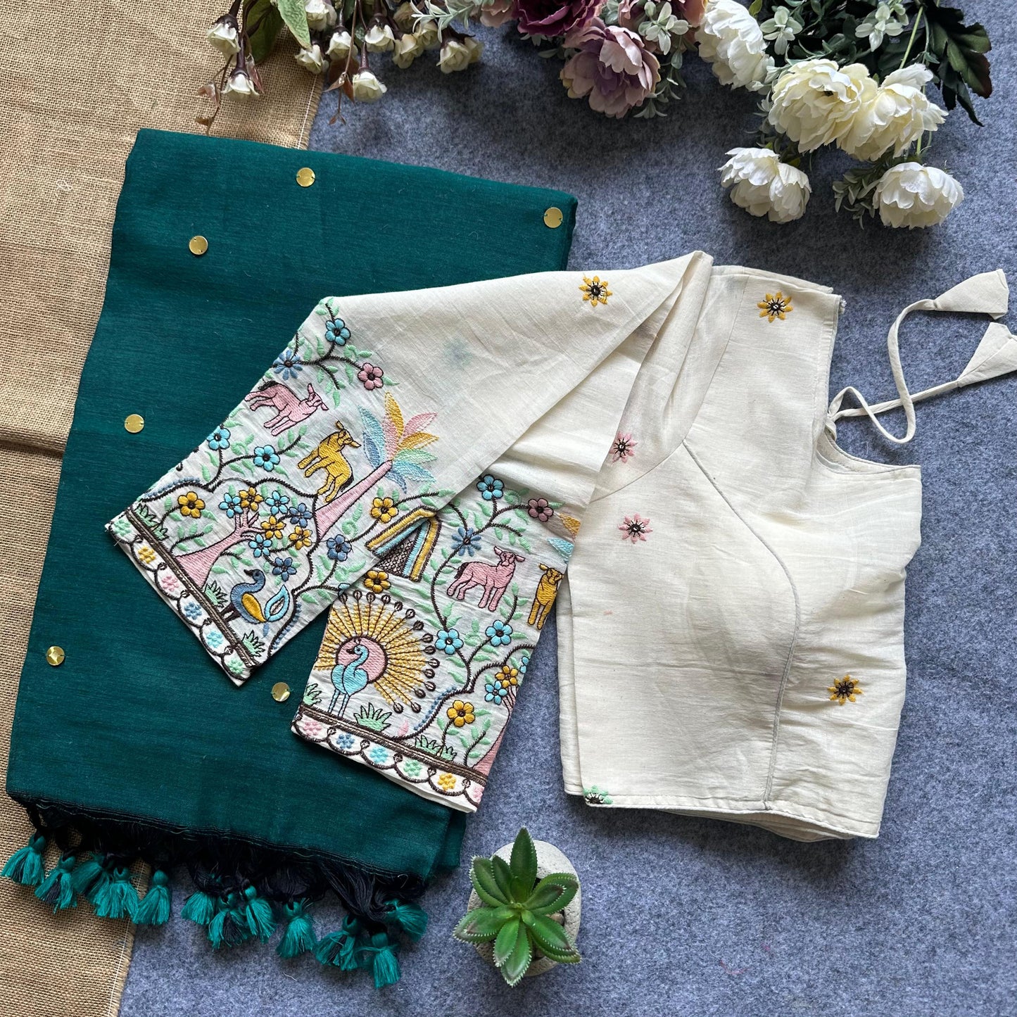 Khadi Cotton Gini Sequence Saree with Long Sleeve Embroidered Readymade Blouse – 99 AED