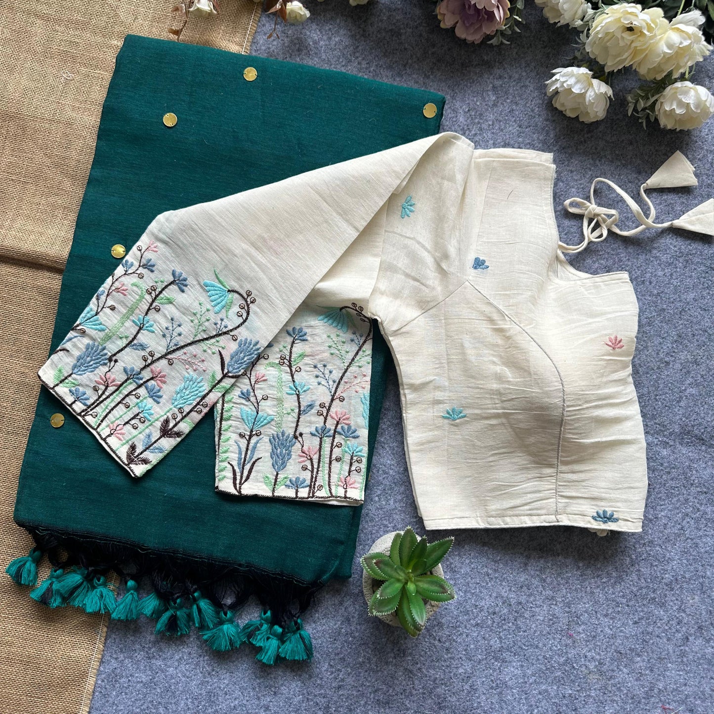 Khadi Cotton Gini Sequence Saree with Long Sleeve Embroidered Readymade Blouse – 99 AED