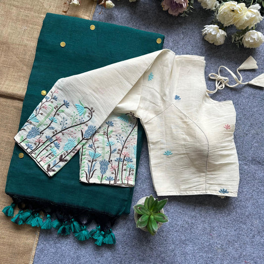 Khadi Cotton Gini Sequence Saree with Long Sleeve Embroidered Readymade Blouse – 99 AED