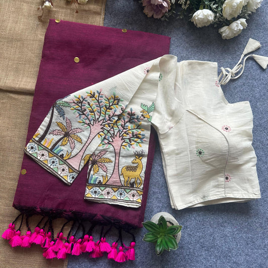 Khadi Cotton Gini Sequence Saree with Long Sleeve Embroidered Readymade Blouse – 99 AED