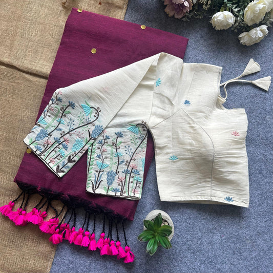 Khadi Cotton Gini Sequence Saree with Long Sleeve Embroidered Readymade Blouse – 99 AED
