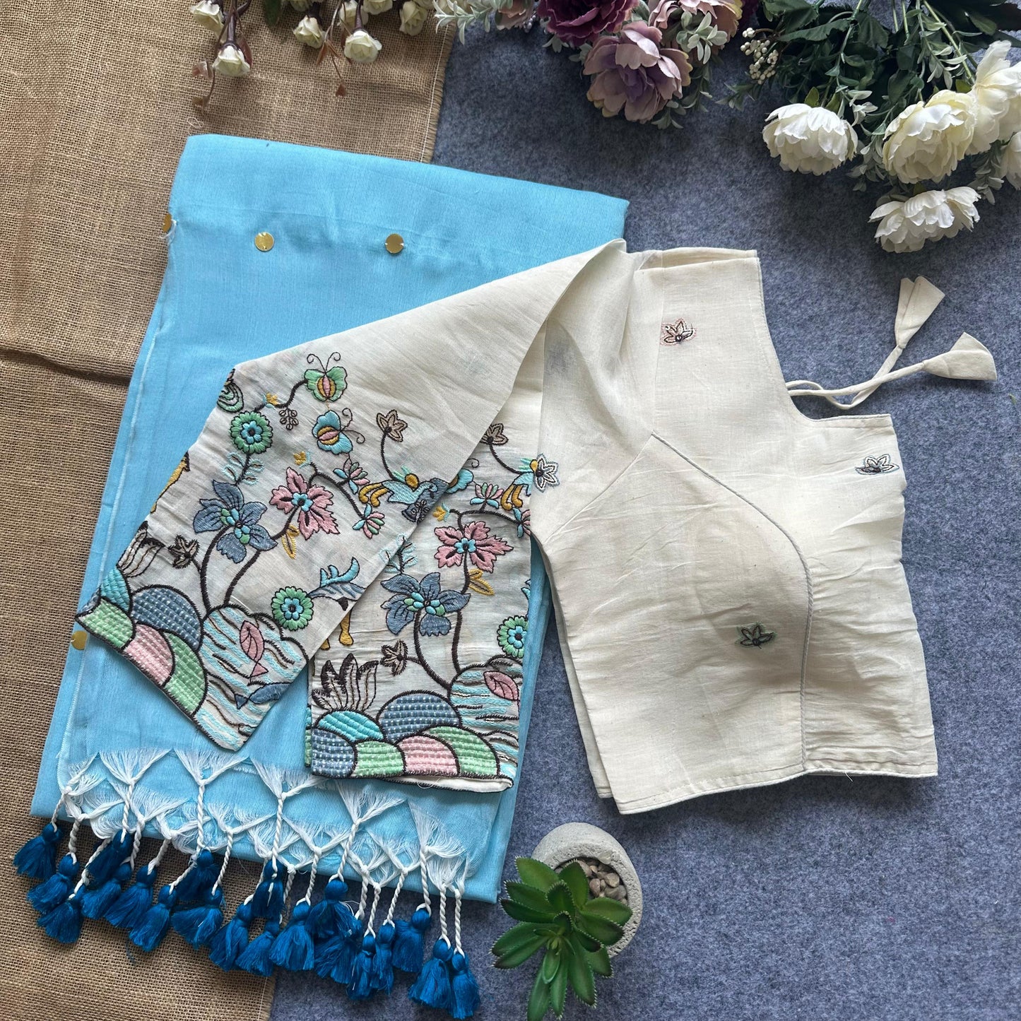 Khadi Cotton Gini Sequence Saree with Long Sleeve Embroidered Readymade Blouse – 99 AED