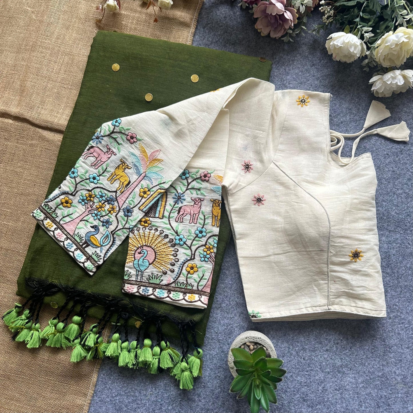 Khadi Cotton Gini Sequence Saree with Long Sleeve Embroidered Readymade Blouse – 99 AED