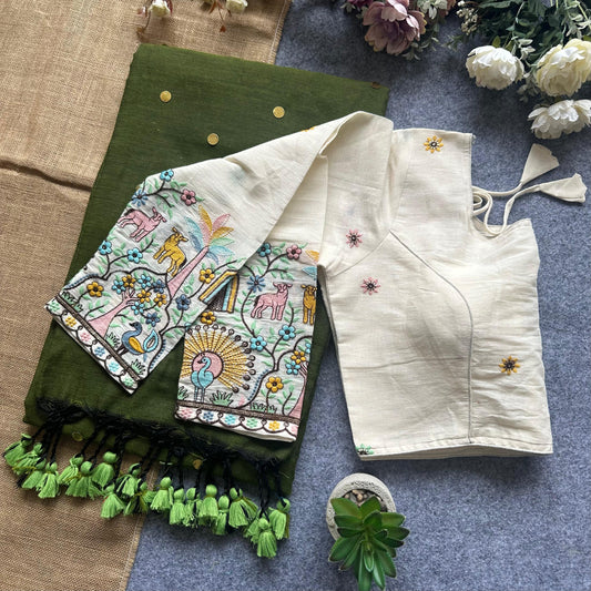Khadi Cotton Gini Sequence Saree with Long Sleeve Embroidered Readymade Blouse – 99 AED