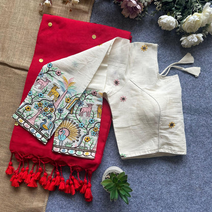 Khadi Cotton Gini Sequence Saree with Long Sleeve Embroidered Readymade Blouse – 99 AED