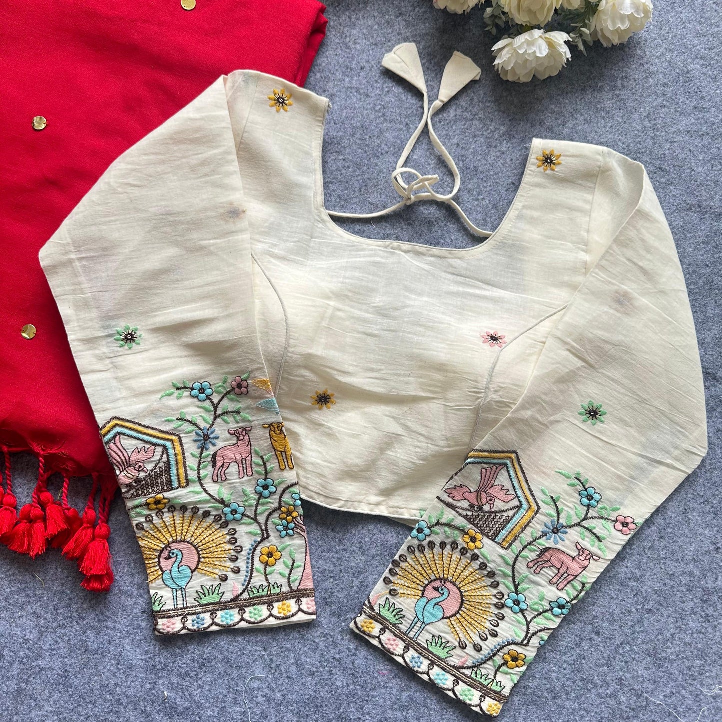 Khadi Cotton Gini Sequence Saree with Long Sleeve Embroidered Readymade Blouse – 99 AED