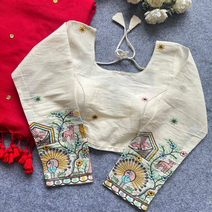 Khadi Cotton Gini Sequence Saree with Long Sleeve Embroidered Readymade Blouse – 99 AED