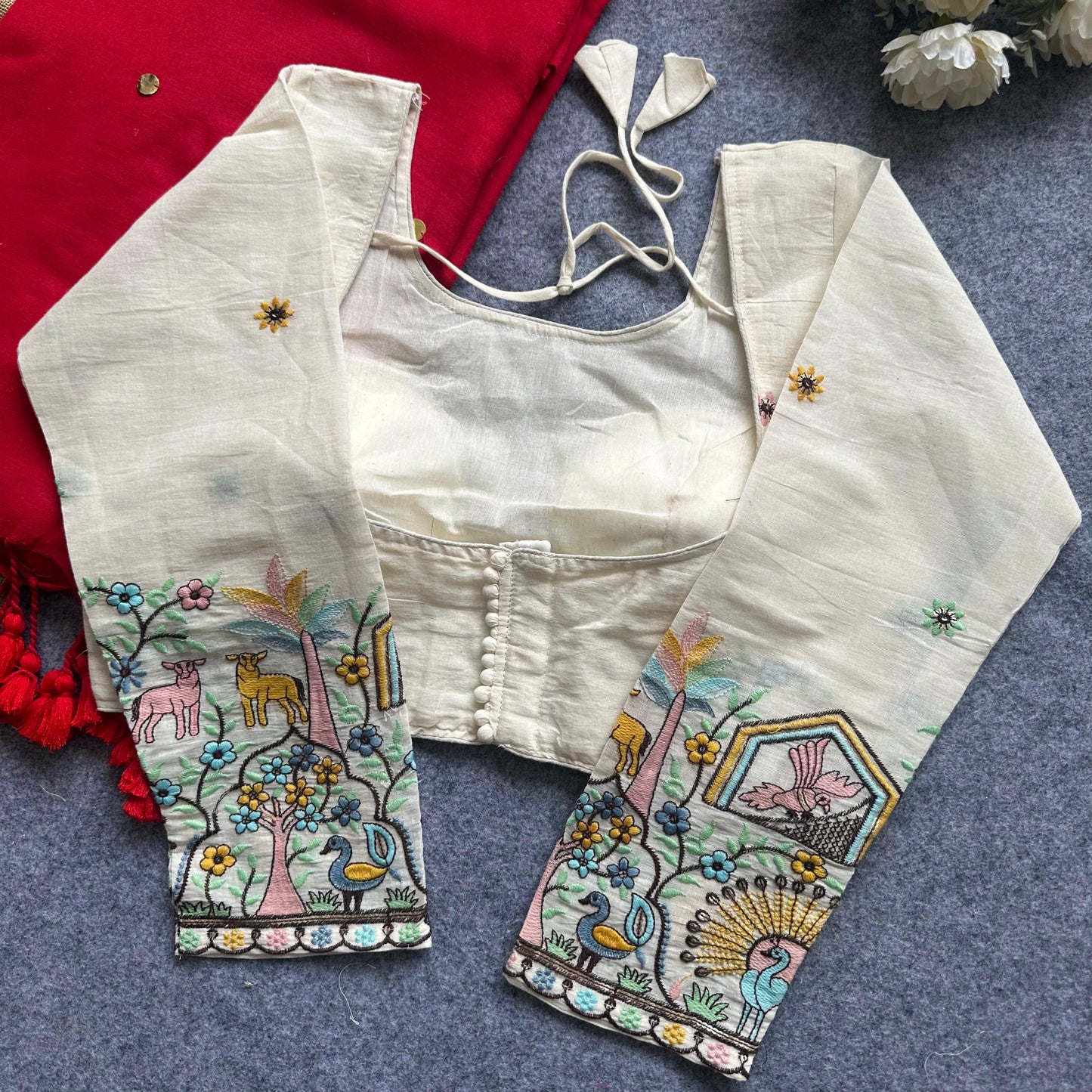 Khadi Cotton Gini Sequence Saree with Long Sleeve Embroidered Readymade Blouse – 99 AED