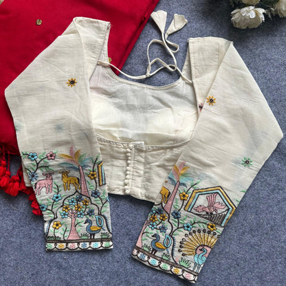 Khadi Cotton Gini Sequence Saree with Long Sleeve Embroidered Readymade Blouse – 99 AED