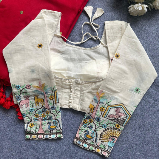 Khadi Cotton Gini Sequence Saree with Long Sleeve Embroidered Readymade Blouse – 99 AED