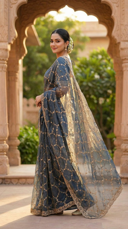 Moss Chiffon Silk Saree with Dual Tone Effect & Sequence Embroidery – 99 AED