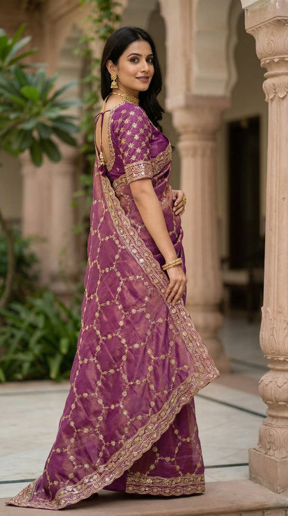 Moss Chiffon Silk Saree with Dual Tone Effect & Sequence Embroidery – 99 AED