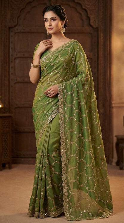 Moss Chiffon Silk Saree with Dual Tone Effect & Sequence Embroidery – 99 AED