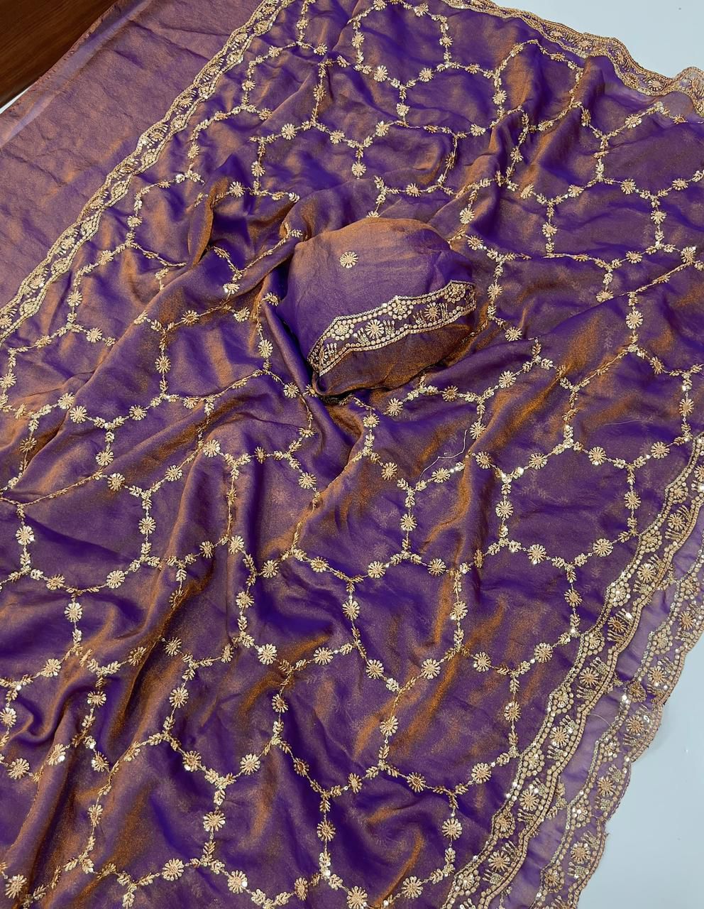 Moss Chiffon Silk Saree with Dual Tone Effect & Sequence Embroidery – 99 AED