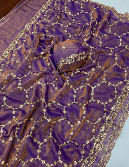 Moss Chiffon Silk Saree with Dual Tone Effect & Sequence Embroidery – 99 AED