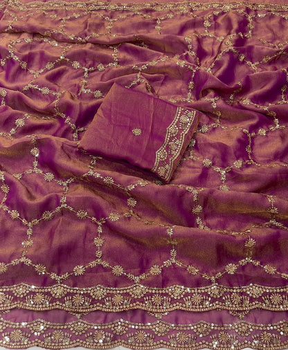 Moss Chiffon Silk Saree with Dual Tone Effect & Sequence Embroidery – 99 AED