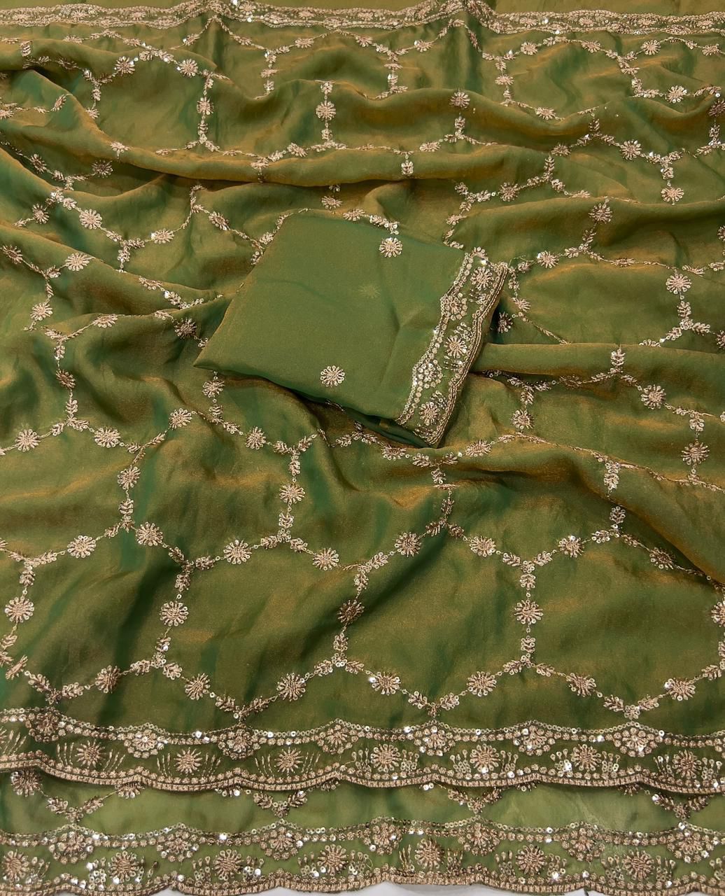 Moss Chiffon Silk Saree with Dual Tone Effect & Sequence Embroidery – 99 AED