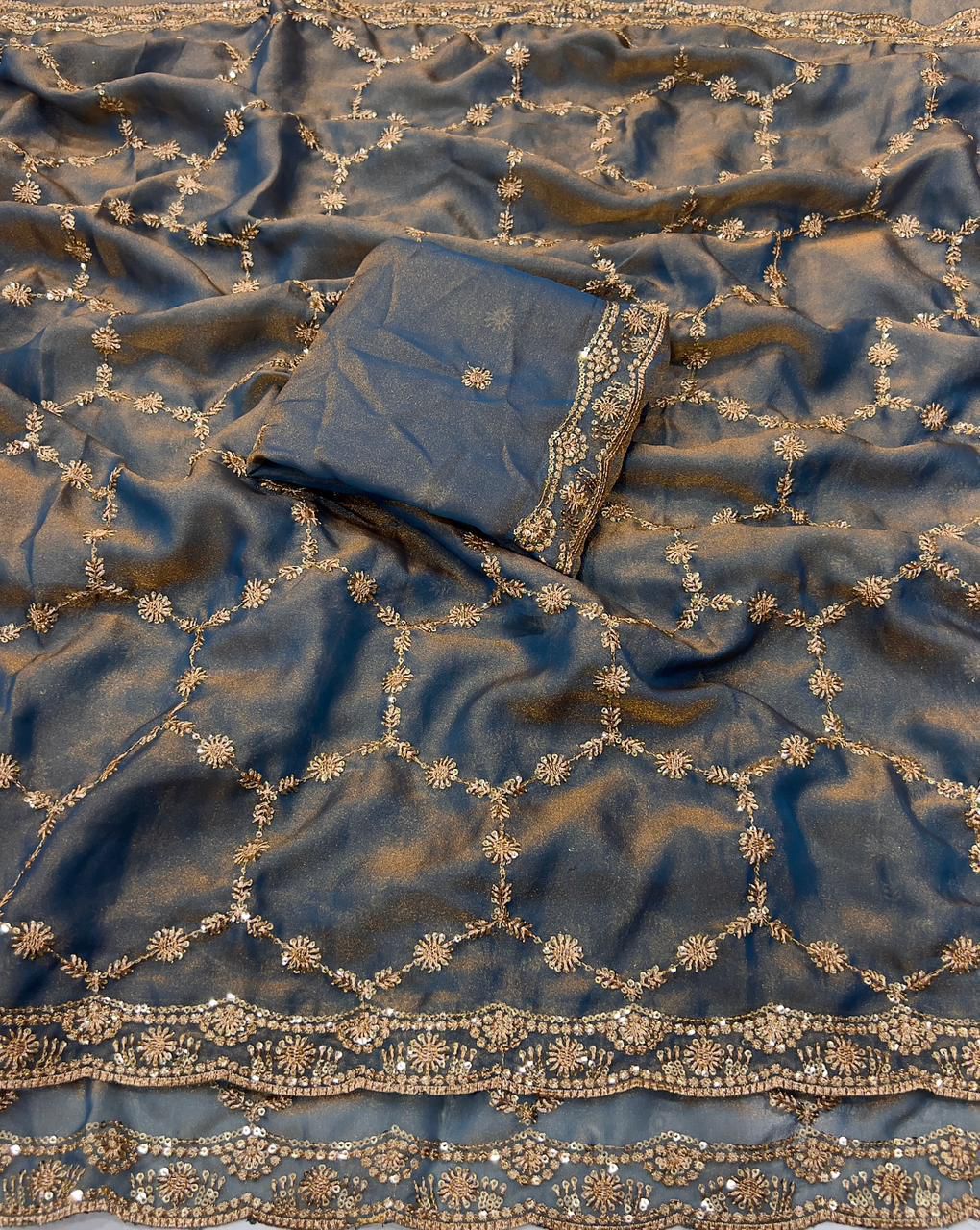 Moss Chiffon Silk Saree with Dual Tone Effect & Sequence Embroidery – 99 AED