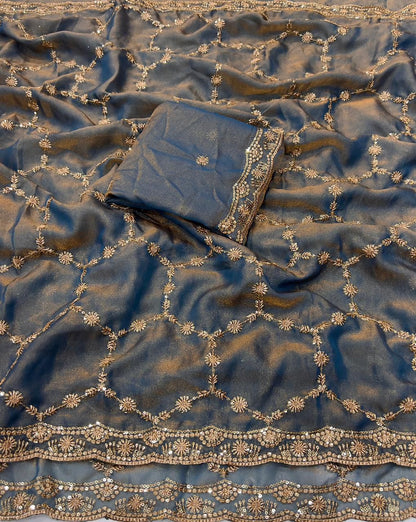 Moss Chiffon Silk Saree with Dual Tone Effect & Sequence Embroidery – 99 AED